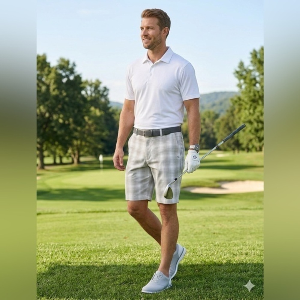 Chaps Golf 78 Men’s 38 Gray White Plaid Classic Hybrid Shorts 9” Active